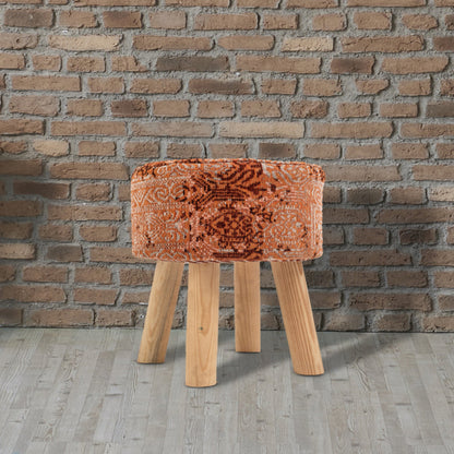 Handwoven Orange Jacquard Stool with Wooden Legs