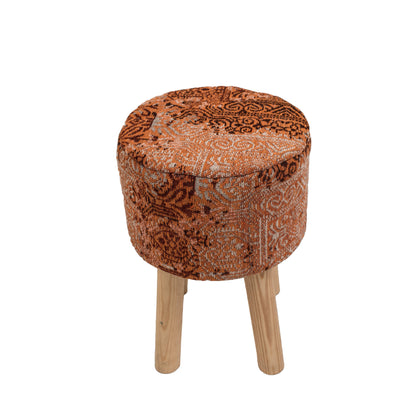 Handwoven Orange Jacquard Stool with Wooden Legs