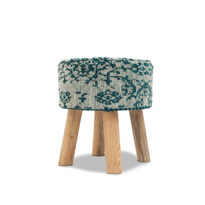 Taburete Jacquard Turquesa Tejido a Mano con Patas de Madera