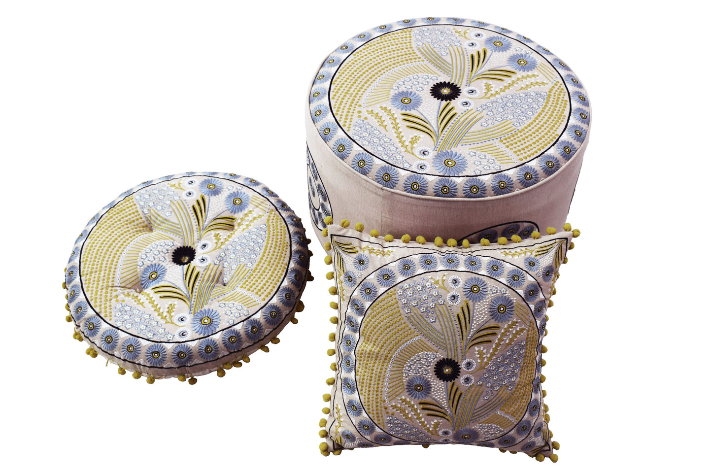 Stool with Floor Cushion & Pillow Set