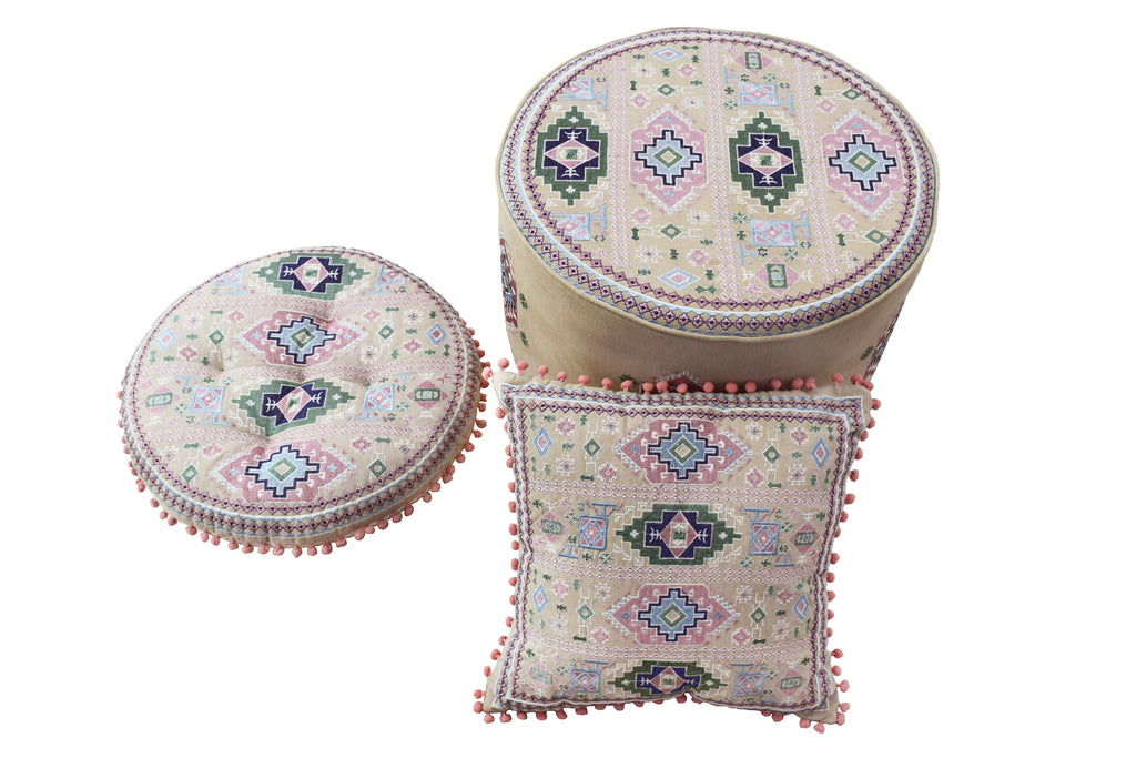 Stool with Floor Cushion & Pillow Set