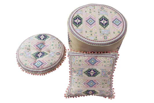 Stool with Floor Cushion & Pillow Set