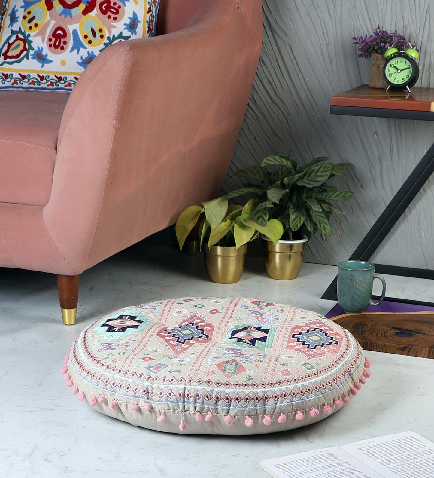 Stool with Floor Cushion & Pillow Set