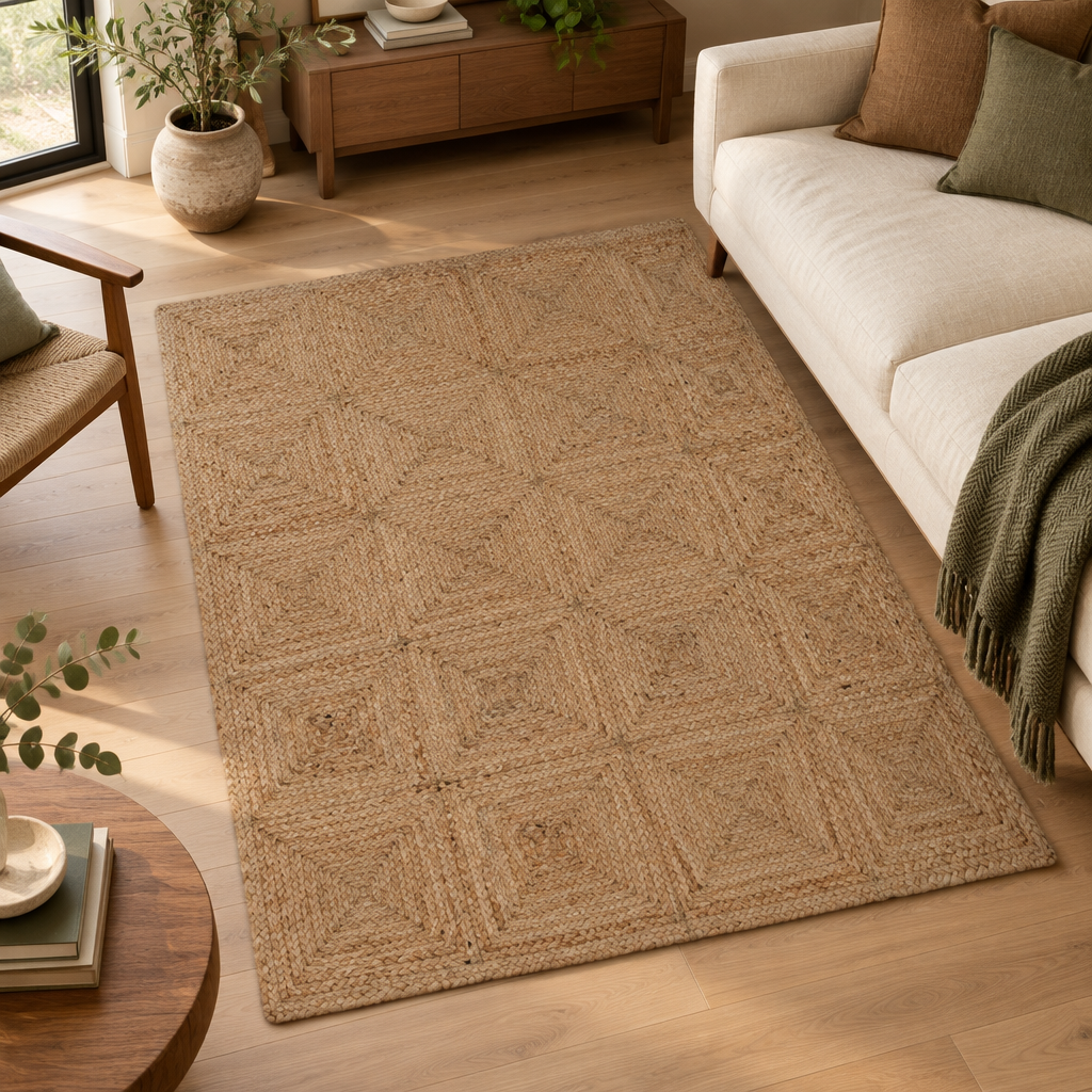 Complete natural braided jute rug viewed from a slightly elevated angle