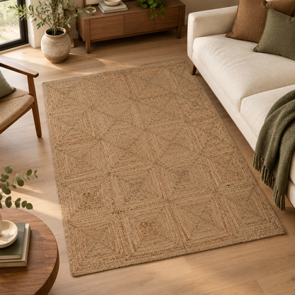 Complete natural braided jute rug viewed from a slightly elevated angle