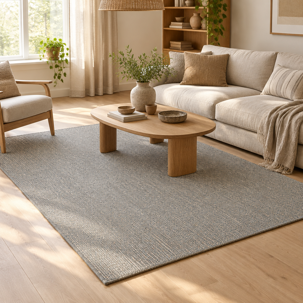 Alfombra de pasto marino IC18024 grises/plateado en una sala de estar escandinava