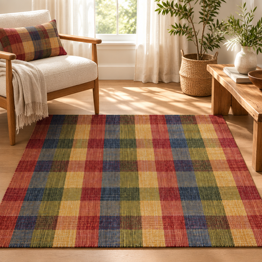 Alfombra de Algodón a Cuadros Tejido con Borde IC12410 Multicolor