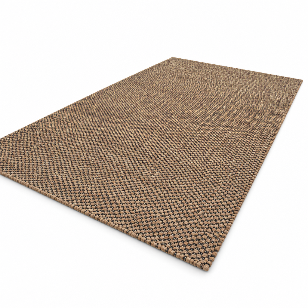 Alfombra de yute estilo ajedrez IC17720, vista en ángulo de tres cuartos en fondo blanco