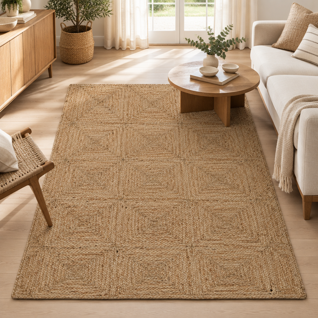 Natural braided jute rug in a bright living room