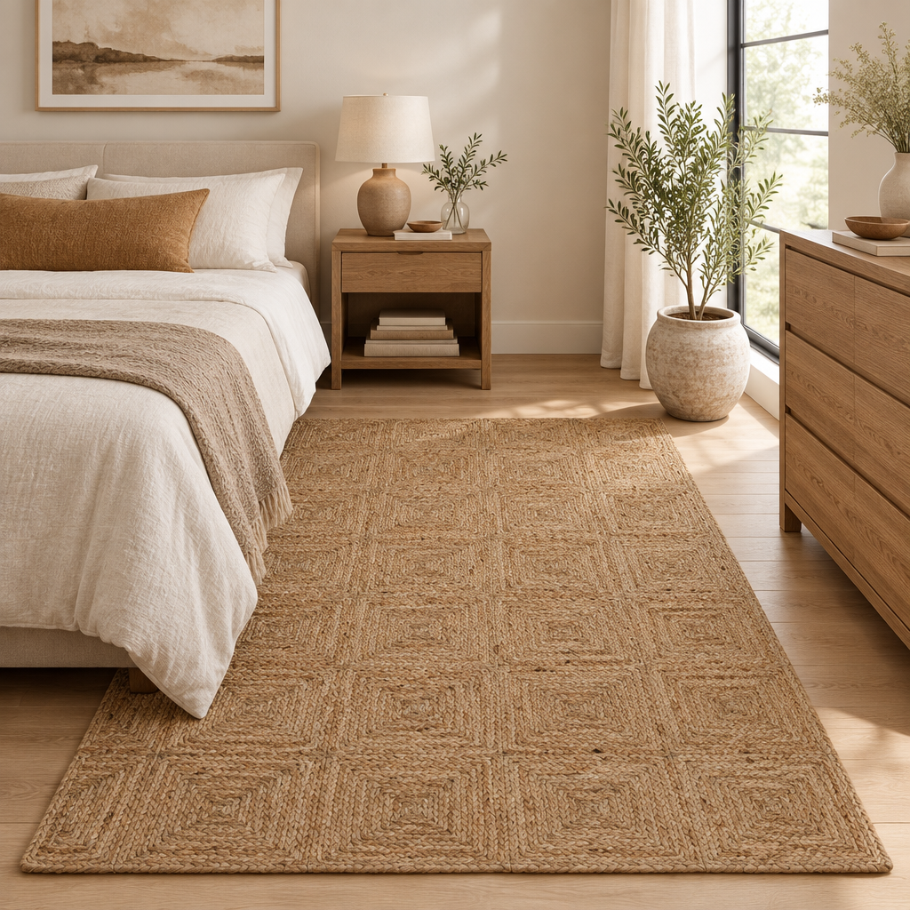 Natural braided jute rug in a contemporary bedroom
