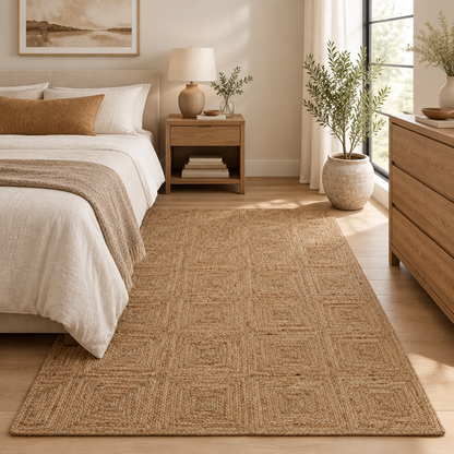 Natural braided jute rug in a contemporary bedroom