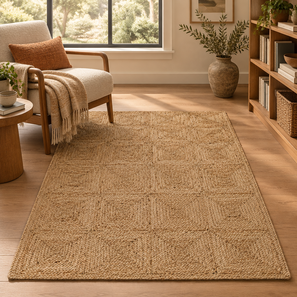 Natural braided jute rug in a reading area