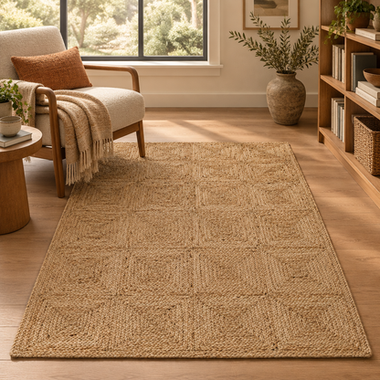Natural braided jute rug in a reading area
