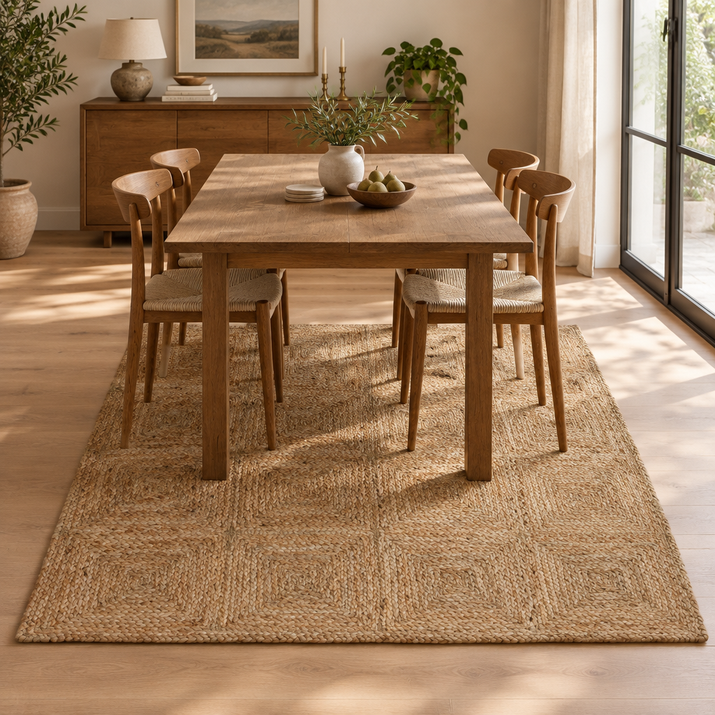 Natural braided jute rug in an inviting dining room
